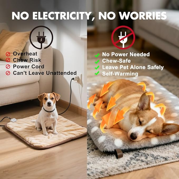 Self Warming Mat for Cats Dogs Self Heating Thermal Pad for Crates Cages Couches Beds 29.5" L x 18.8" W Removable Cover Non-Slip Bottom Indoor Outdoor Brown M