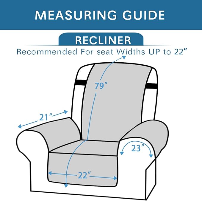 H.VERSAILTEX Reversible Quilted Recliner Covers Water Resistant Furniture Protector for Reclienr Chair with Elastic Straps for Pets Kids Sitting Width Up to 22"(Recliner, Cameo Blue/Beige)