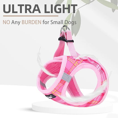 PUPTECK Dog Harness and Leash Set for Small Medium Dogs No Pull Step-in Soft Mesh Puppy Cat Vest Harnesses Reflective at Night, Plaid Pattern Pink XS