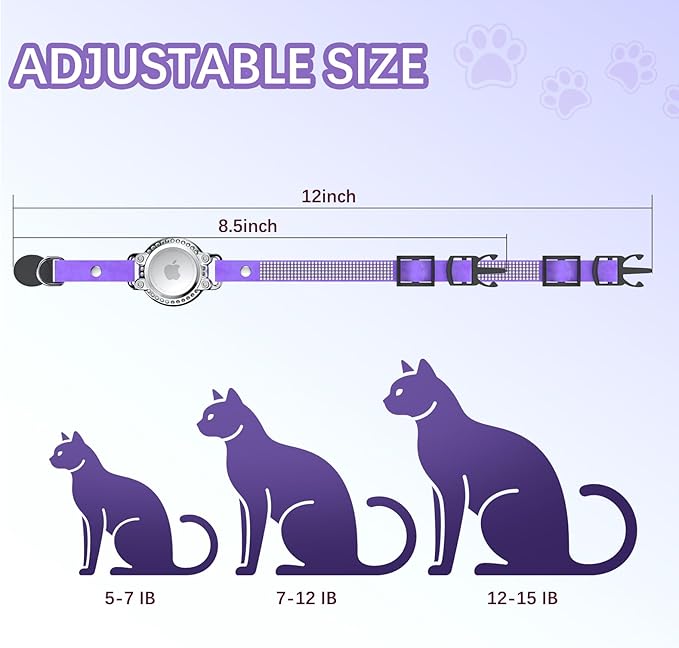 AirTag Cat Collar Breakaway, Diamond Microfiber Cat Collars with Apple Air Tag Holder and Bell, Adjustable Comfortable GPS Tracker Cat Collar for Girl Boy, Kittens, Puppies (Purple)