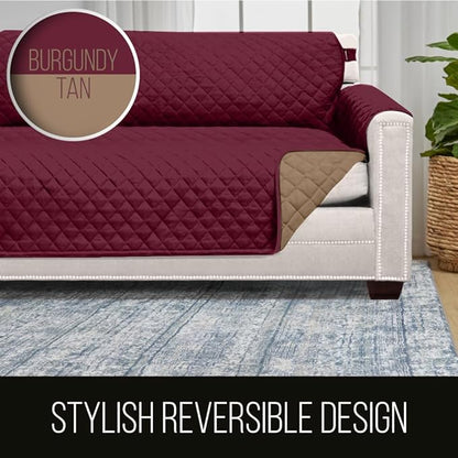 Sofa Shield Couch Slip Covers for Dogs, Reversible Furniture Protector with Strap, Stain and Tear Resistant Cushion Cover, 70 inch Seat, Machine Washable Slipcover Pets, Cats, Burgundy Tan