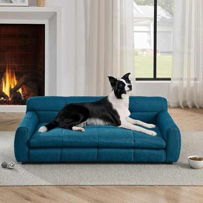 Dog Couch Bed with Backrest and Armrest, Durable Pet Sofa with Soft Foam Cushion, Elevated Dog Couch Bed with Legs for Medium and Large Dogs, Blue
