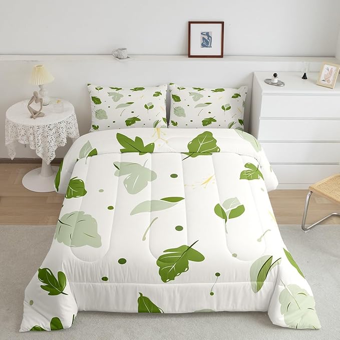 Erosebridal Green Leaf King Comforter Set White and Green Bedding Set King Botanical Theme Duvet Insert,Graffiti Cartoon Quilted Comforter Adults Men Women Microfiber Bedroom Décor 3 Piece