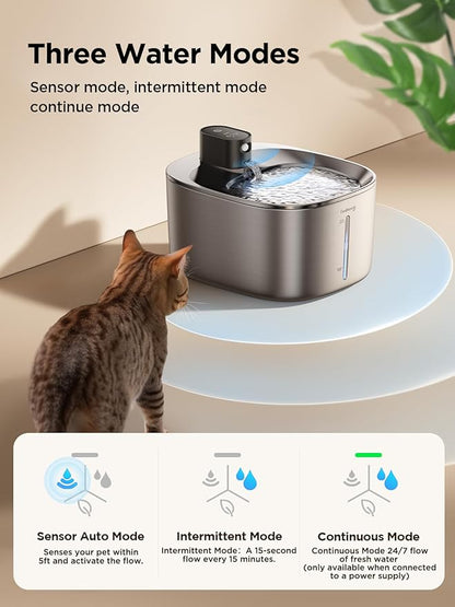 FEELNEEDY Wireless Cat Water Fountain Stainless Steel with Sensor, 4000mAh Battery Operated, 4L/135fl oz Pet Water Fountain for Cats Dogs, Ultra Quiet Cat Drinking Fountain with 2 Filters (YPD-C004S)