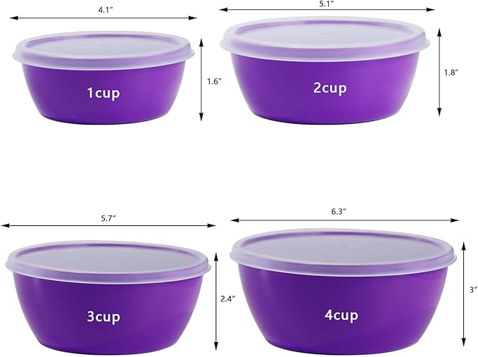 Set of 4 Plastic Prep Bowls with Lids，Microwave and Dishwasher Safe,Ideal for Baking, Prepping, Cooking and Serving Food (Purple)