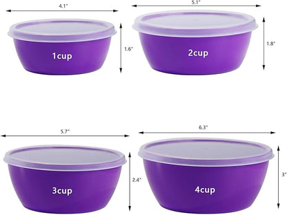 Set of 4 Plastic Prep Bowls with Lids，Microwave and Dishwasher Safe,Ideal for Baking, Prepping, Cooking and Serving Food (Purple)