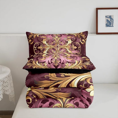 Erosebridal Golden Damask Print Bedding Set Full Size for Women Adults, Victorian Flower Vintage Fashion Paisley Quilt Set, Boho Aztec Hippie Chic Comforter Sets, Bohemian Exotic Duvet Insert