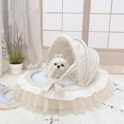 Elegant Pet Bed with Ruffles, Cradle Bed for Small Dogs Puppy Kitten Luxury Bed Sofa (M 21.3''Lx17.7''Wx11.8''Th, Fluffy GrayPlaid)