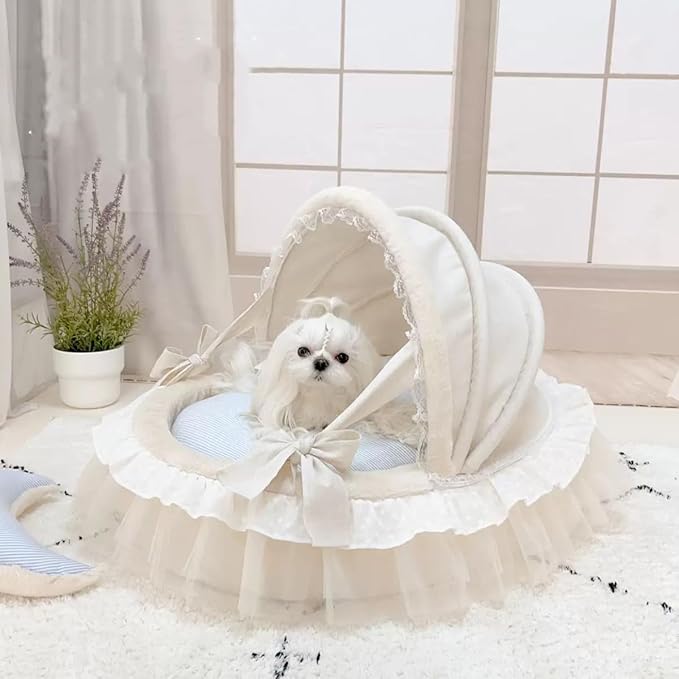 Elegant Pet Bed with Ruffles, Cradle Bed for Small Dogs Puppy Kitten Luxury Bed Sofa (L 25.6''Lx21.7''Wx17.3''Th, Fluffy GrayPlaid)