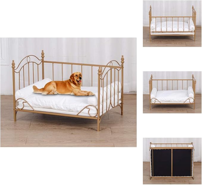 Pet Bed, Dog Bed with Metal Frame and Detached White Velvet Cushion with 2 Pillow for Small Dog