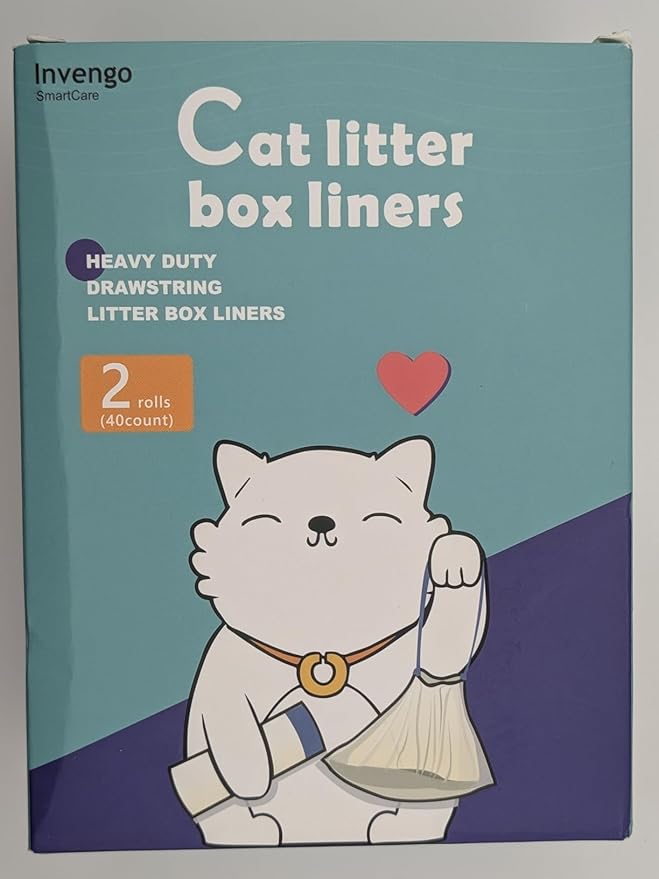 Invengo M1 Original Cat Litter Box Waste Bags, 40-Pack Drawstring Liners for Most Self-Cleaning Litter Boxes, Extra Thick Heavy-Duty Drawer Liners, 26" x 11.8", Holds Up to 22 lb
