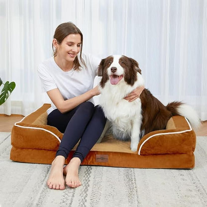 Comfort Expression Orthopedic Dog Bed for Extra Large Dogs 42x30 Inch, Waterproof Supportive Egg Crate Foam XL Pet Bed with Removable Bolsters, Dog Couch with Washable Cover & Non-Slip Bottom, Orange