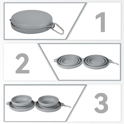 Collapsible Dog Water Bowl 2 in 1 Foldable Pet Food and Water Bowl Portable Cats Dishes with Carabiner Clip for Traveling Hiking Camping Walking (Grey)