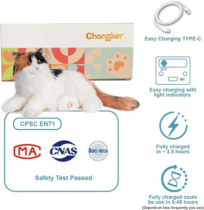 Chongker Interactive Companion Robot Cat, Weighted Breathing Stuffed Animals, Cat Plush Toy with Meow Voice, Breathing, Response, Realistic Heartbeat and Purring (Dark Calico Cat)