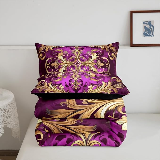 Erosebridal (Just Print Golden Damask Twin Size Bedding, Vintage Florals Exotic Comforter Set for Kids Boys Girls, Hippie Boho Aztec Paisley Quilt Set Victorian Baroque Luxury Bed Sets