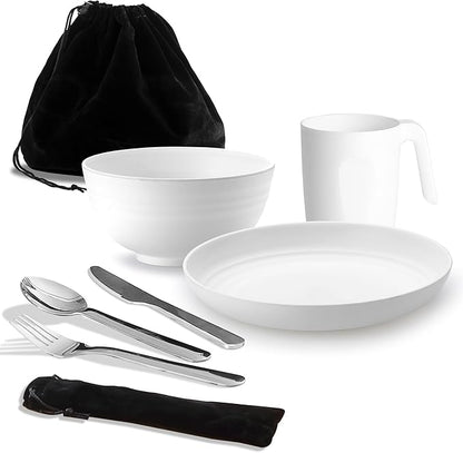 Camping Utensils, Reanea Camping Mess Kit for Travel, Camping, Picnic, Outdoor, Camping Gear Include Knife, Spoon, Fork Cutlery Set, Cup, Bowl, Plate, Camping Essentials for 1