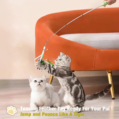 BEBOBLY 3-in-1 Retractable Cat Wand Toy for Indoor Cats Interactive Cat Feather Toys