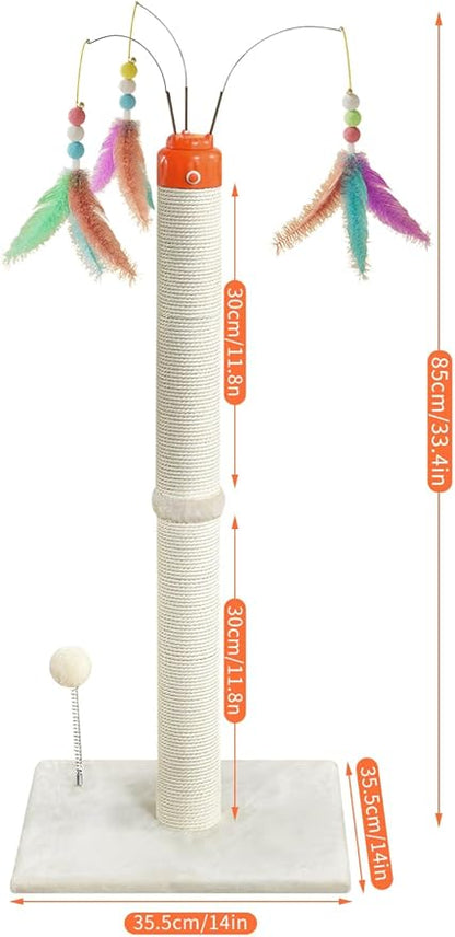 YARUOMY Cat Scratching Post ，33.4" Sisal Rope Cat Scratcher Tall Scratching Post for Indoor Cats with Interactive Cat Toys Automatic Teaser Wand and Rotating Hanging Balls