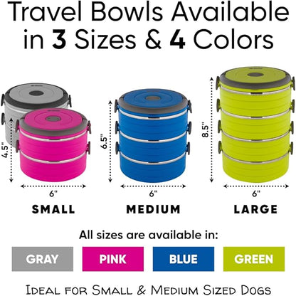 Healthy Human Travel Pet Bento Bowls - Human-Grade Stainless Steel & BPA-Free, Leak-Proof Water & Food Container Set for Dogs & Cats, 4-Pack Interlocking Bowls, Includes Spare Clips & Handle (Gray)