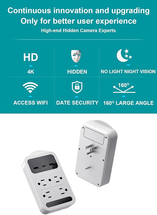 2026 Upgraded 4K WiFi Nanny Cam Hidden Camera with Night Vision,Wireless Outlet Charger Camera,Motion Detection|SD Storage Indoor Camera for Pet|Home|Office (White)