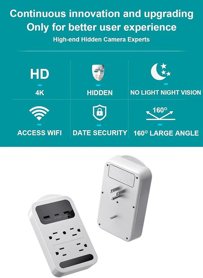 2026 Upgraded 4K WiFi Nanny Cam Hidden Camera with Night Vision,Wireless Outlet Charger Camera,Motion Detection|SD Storage Indoor Camera for Pet|Home|Office (White)