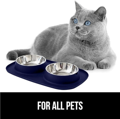 GORILLA GRIP Feeding Mat Bowl Set, 100% Waterproof BPA Free Silicone, 304 Stainless Steel Cat and Dog Bowls for Food and Water, Slip Resistant, High Edge, US Designed, Patent Pending, 1 Cup Navy Blue