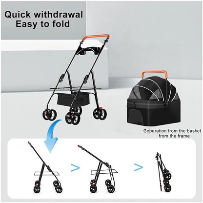 Pet Stroller for Medium Small Dogs/Cats - 4 Wheels Foldable Dog Stroller with Storage Basket,Dog/Cat Carrier,Adjustable Handle,Folding Puppy Carrier Suitable for Traveling with Cats and Dogs (Black)