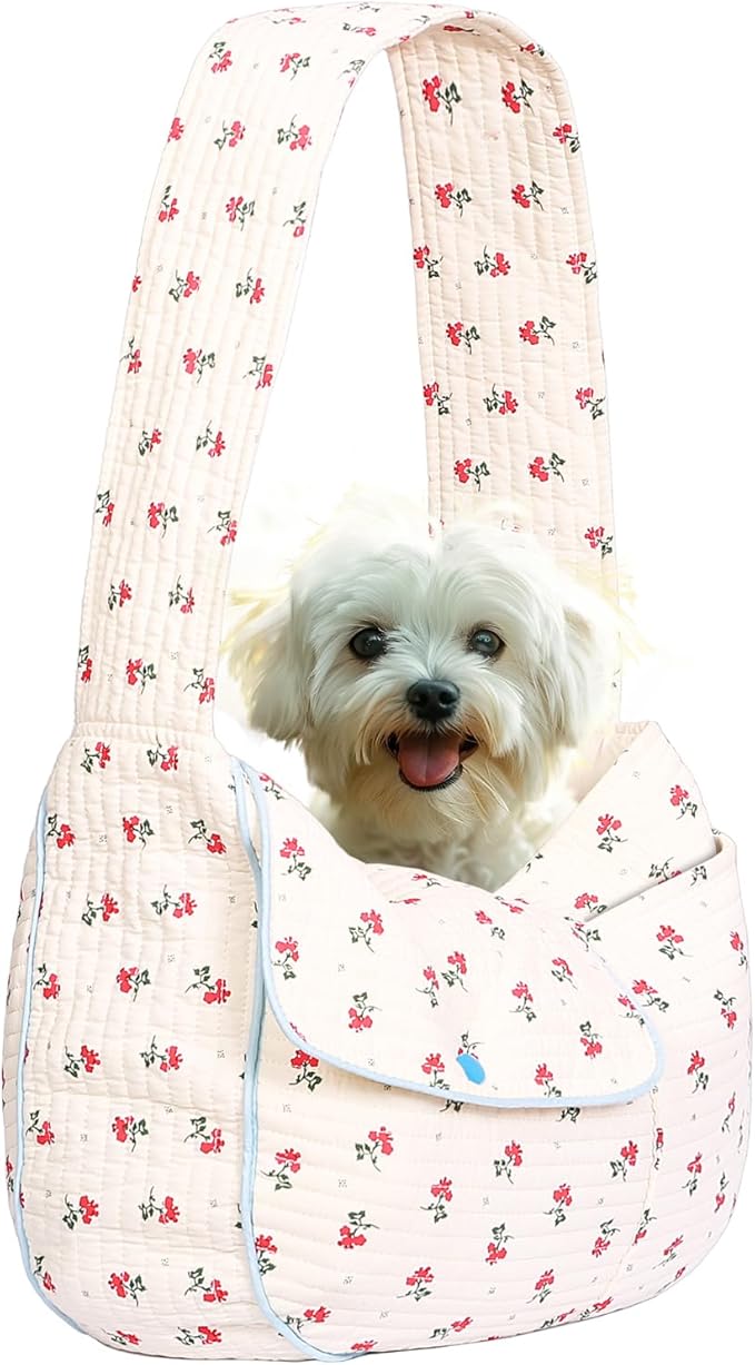 Floral Pet Carrier Sling, Breathable Cotton Dog Purse Carrier, Hand-Free Travel Puppy Purse for Small Dog 10-25 lbs, Cat Sling Chest, Per Mom Dad Gifts(White, Large)