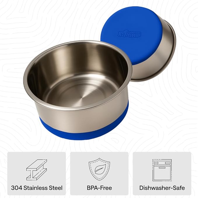 GORILLA GRIP Dog Bowls, Food Grade 304 Stainless Steel, Holds 4 Cups Each (32 fl oz) Food and Water Bowl for Feeding Dogs and Cats, Dishwasher Safe, Rust Resistant, BPA Free Rubber Base Set of 2 Blue