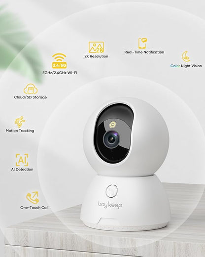 BoyKeep 2K Cameras for Home Security, 2-Pack Indoor Camera with Night Vision, Pet Camera Indoor with Phone App, Motion Detection, 2-Way Audio, Cloud/SD Card Storage, Compatible with Alexa