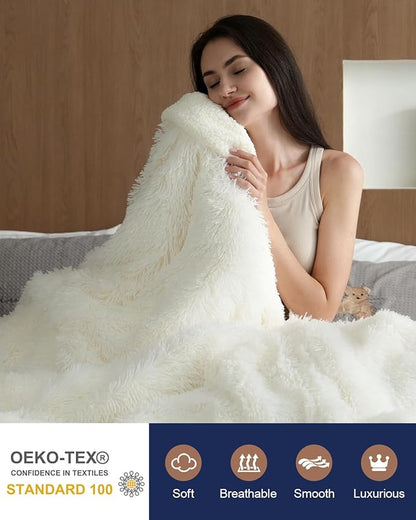 Pawque Luxury Faux Fur Throw Blanket, Super Soft King Size Throw Blankets 90x90 inches, Decorative Blankets for Sofa Couch Bed Chair Photo Props, Breathable & Washable, Cream