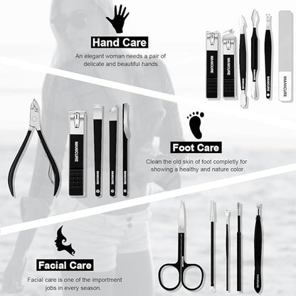 Manicure Set Professional Nail Clippers Pedicure Kit, 16 pcs Stainless Steel Nail Care Tools Grooming Kit with Luxurious Travel Leather Case for Thick Nails Men Women Gift (Black)