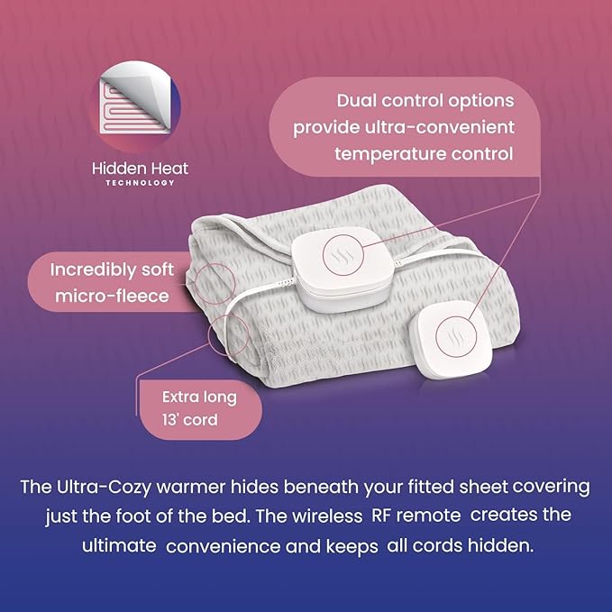 Hidden Heat Electric Foot of the Bed Warmer by SpotWarm; Wireless RF Remote, Microplush Flannel Mattress Warmer for Heated Feet. (King Size - 74" by 28")