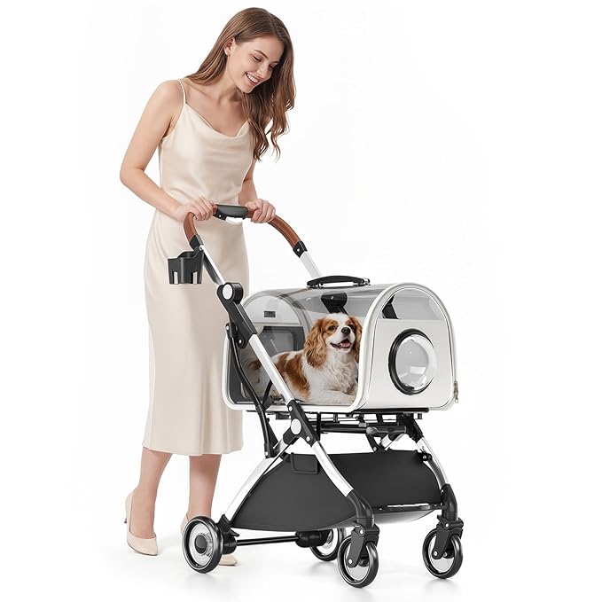 MoNiBloom Pet Stroller with Detachable Carriers, Clear Hard Trolley Case for Small Medium Dogs Cats, Breathable Mesh Windows, One Hand Fold & All-Terrain Wheels