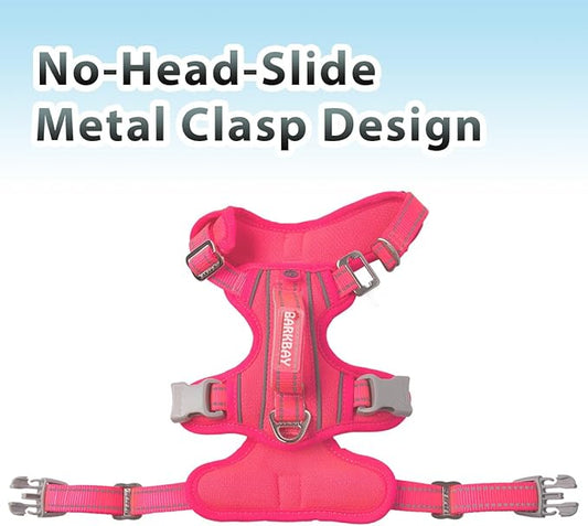 BARKBAY No Pull Dog Harness 3 Buckles Large Reflective Dog Harness with Front Clip and Easy Control Handle for Walking Training Running with ID tag Pocket(Pink,XL)