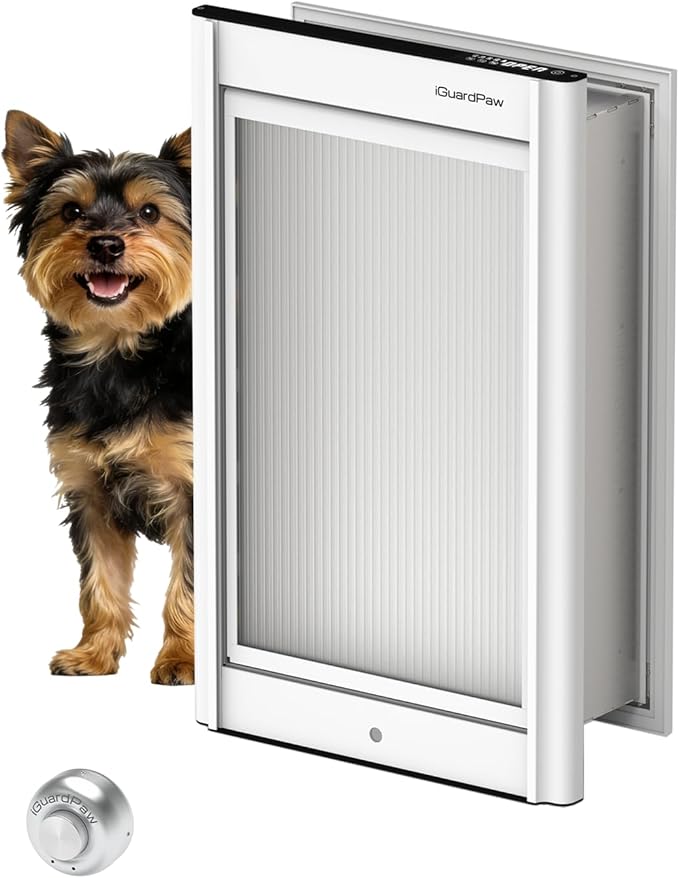 Automatic Dog Door, Heavy-Duty Aluminum Electronic Pet Door with Collar Sensor, Energy-Efficient Insulated for Interior/Exterior Wall, Featuring Secure Lock & Anti-Pinch Design(White-Small)