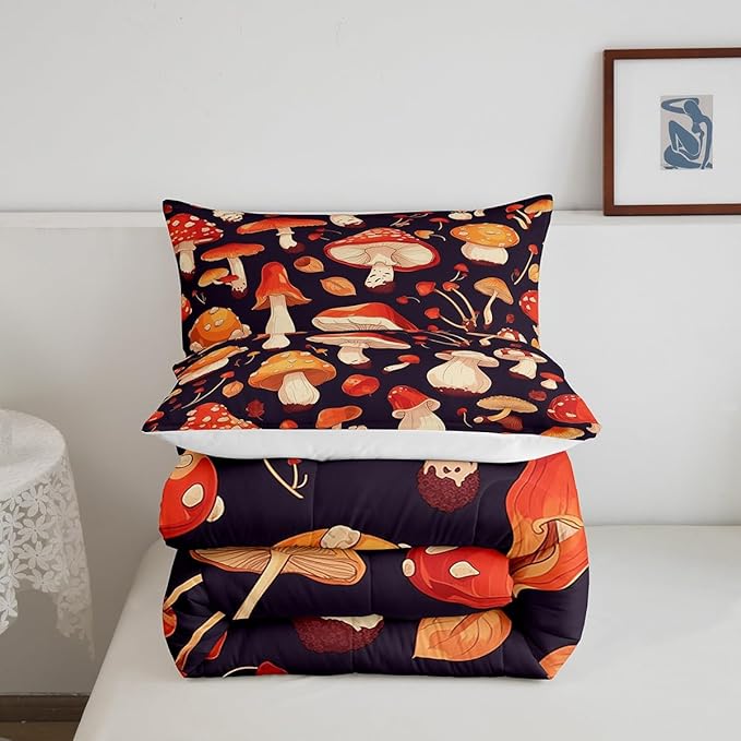 Erosebridal Red Mushroom Full Comforter Set Orange Wild Fungus Bedding Sets Botanical Plants Bedding Comforter Dark Purple Quilt Comforter Cartoon Women Lady Room Décorative Lightweight 3 Piece