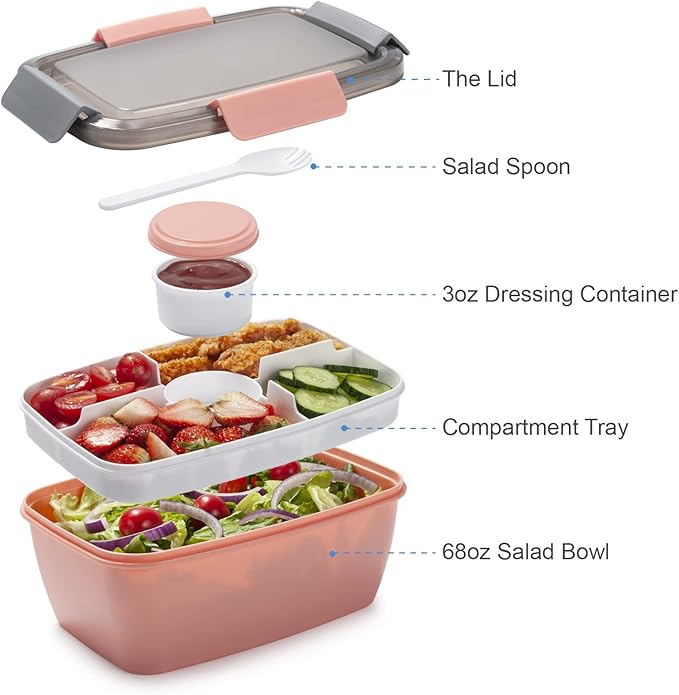 Freshmage Salad Container for Lunch, 2 Packs 68oz Large Salad Bowls with 4 Compartments, Salad Dressings Container for Salad Toppings, Snacks, Men, Women (Gray+Pink)