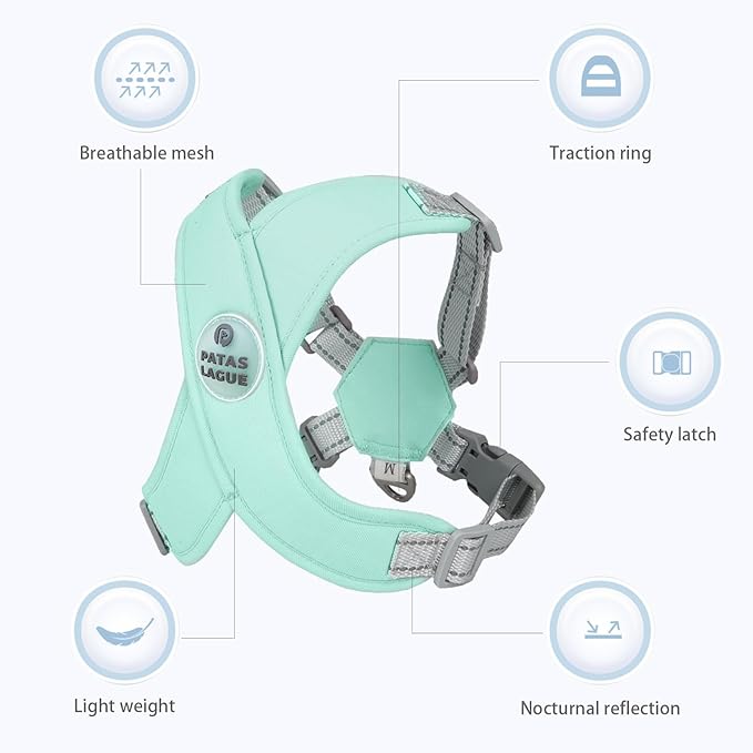 Patas Lague Dog Harness with Leash Set Adjustable Soft Padded Step-in Dog Vest No Choke No Pull Reflective for Small Medium Pets with Poop Bags and Dispenser, Solid and No-chew, Green M