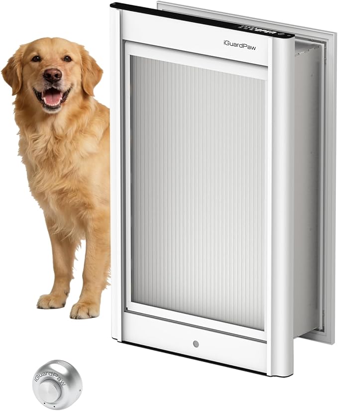 Automatic Dog Door, Heavy-Duty Aluminum Electronic Pet Door with Collar Sensor, Energy-Efficient Insulated for Interior/Exterior Wall, Featuring Secure Lock & Anti-Pinch Design(White-Large)