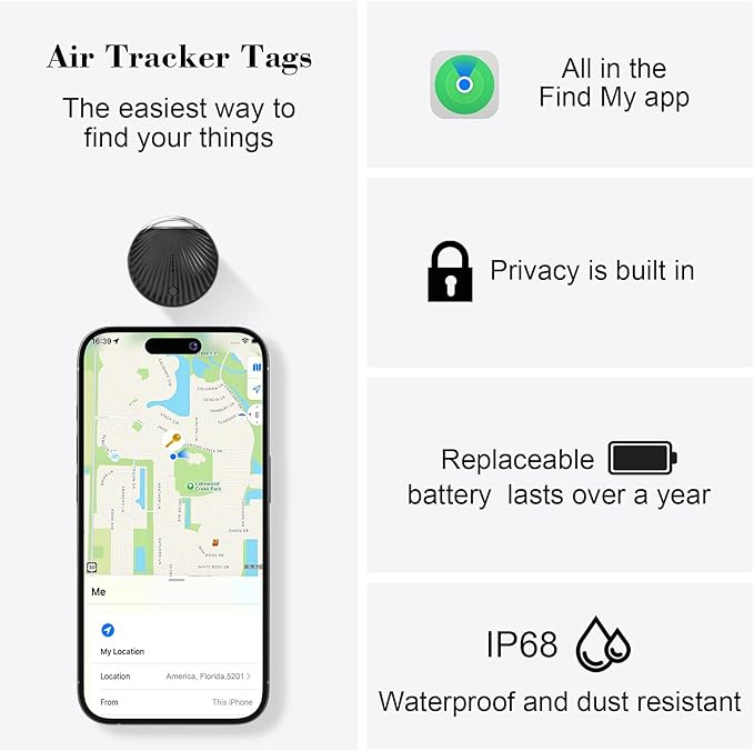 Air Tracker Tags-4 Pack, [MFi Certified] Smart Tag, Pet Bluetooth Tracker for Apple Find My, IP68 Waterproof,Replaceable Battery, Key Finder and Item Locator for Keys, Luggage, Pets, Wallet (iOS Only)