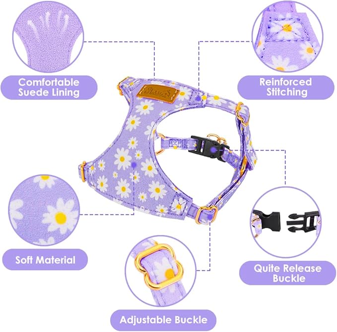 SlowTon Dog Harness Small Sized Dog - Soft XXS Dog Harness and Leash Set No Pull No Chock, Adjustable Lightweight Puppy Harness for XS Small Medium Dogs Cats (Purple Dasiy, M)