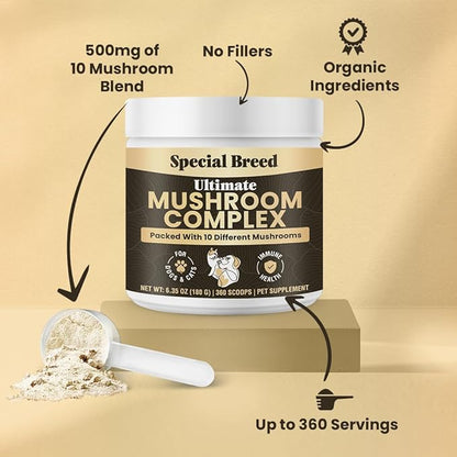 Mushroom Powder for Dogs & Cats - Organic Mushroom Complex for Immunity Support, Immune Function, Cognition, Vitality - Ten Mushroom Supplement with Turkey Tail, Lion's Mane, Reishi - 360 Scoops