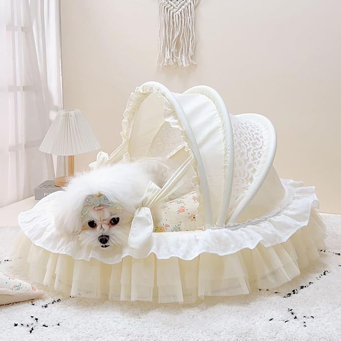 Elegant Pet Bed with Ruffles, Cradle Bed for Small Dogs Puppy Kitten Luxury Bed Sofa (M 21.3''Lx17.7''Wx11.8''Th, Cotton Begonia)