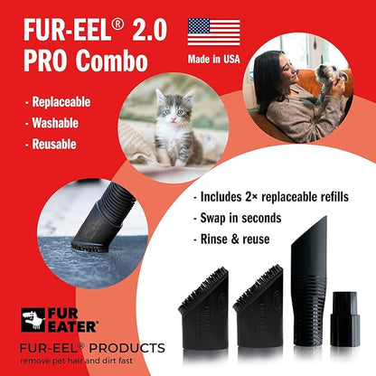 FUR-EEL Pet Hair Removal Vacuum Attachment for Car Detailing, 2.0 Pro Combo with 2 Replaceable Rubber Brush Heads, No Clog Airflow, Fits 1 1/4 and 1 3/8 in Hoses, 32mm and 35mm