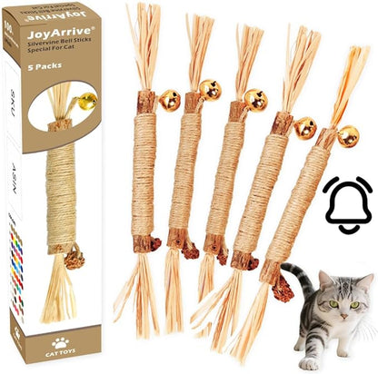 Natural Dried Matatabi Cat Chew Stick with Gall Fruit, Raffia Grass & Bell Cat Ball Toys, Handmade Silvervine Sticks Interactive Catnip Toy for Teething & Entertainment (Size M Color A)