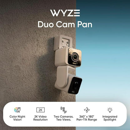WYZE Duo Cam Pan 2 Pack, Indoor/Outdoor IP65 2K 360° Pan/Tilt Smart Home Security Camera with Color Night Vision, Compatible with Alexa & Google Assistant, White