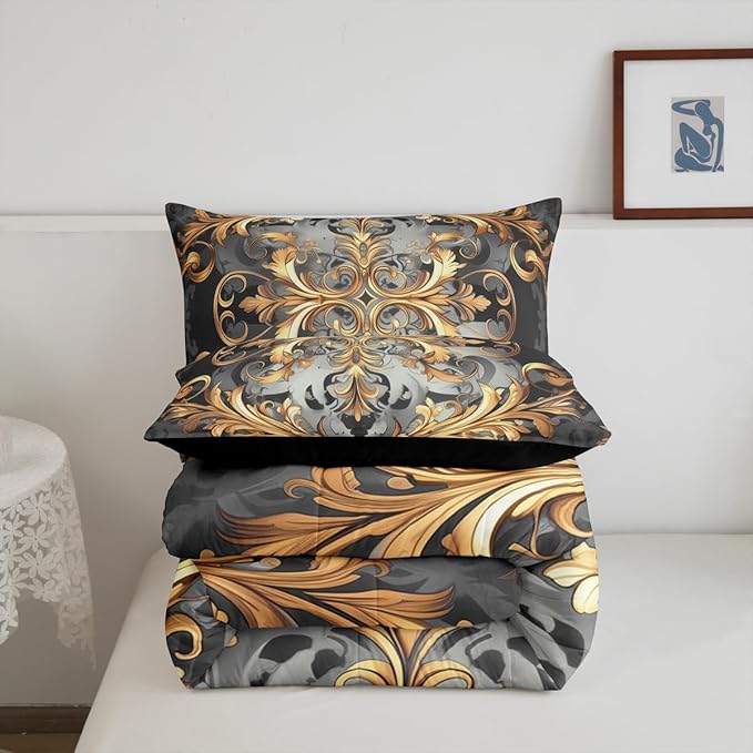 Erosebridal Golden Damask(Just Print) Twin Comforter Set, Floral Boho Vintage Paisley Microfiber Bedding Set for Kids Teens Adults, Hippie Aztec Exotic Duvet Insert Garden Bohemian Gothic Bed Sets