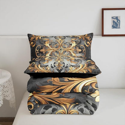 Erosebridal Golden Damask(Just Print) Twin Comforter Set, Floral Boho Vintage Paisley Microfiber Bedding Set for Kids Teens Adults, Hippie Aztec Exotic Duvet Insert Garden Bohemian Gothic Bed Sets