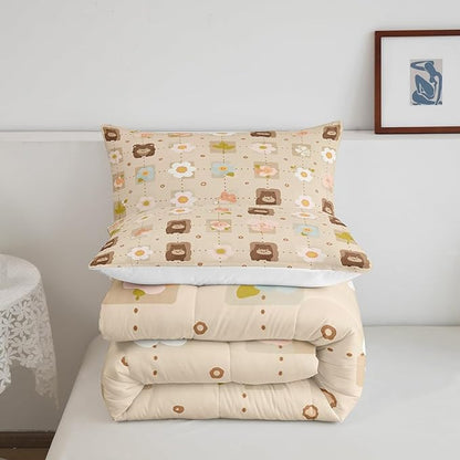 Erosebridal Woodland Animal Wildlife Comforter Set King Grid Checkered Bedding Sets, Light Brown Duvet Insert Flower, Colorful Flower Floral Quilt Set Kid Microfiber Cartoon Bedroom Décorative 3Piece